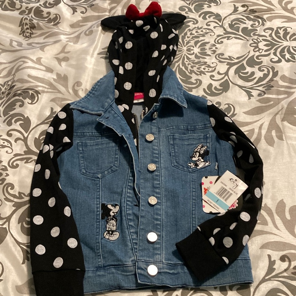 Disney Minnie and Mickey hooded jean vest with long sleeves